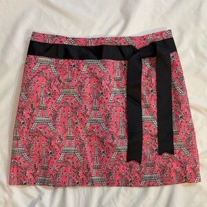 Pink Eiffel Tower Floral Print Y2K Twee Style Paris Toile Skirt with Black Bow
